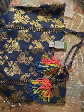 Lilly Pulitzer NWT Navy and Gold Reversible Tote with Neon Tassels